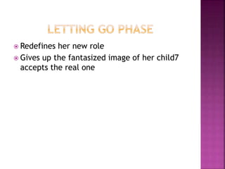  Redefines her new role
 Gives up the fantasized image of her child7
accepts the real one
 