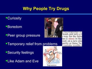 Why People Try Drugs Curiosity Boredom Peer group pressure Temporary relief from problems Security feelings Like Adam and Eve 