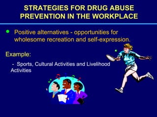 STRATEGIES FOR DRUG ABUSE PREVENTION IN THE WORKPLACE Positive alternatives - opportunities for wholesome recreation and self-expression. -  Sports, Cultural Activities and Livelihood Activities Example: 