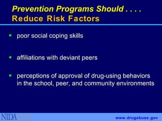 poor social coping skills affiliations with deviant peers perceptions of approval of drug-using behaviors in the school, peer, and community environments Prevention Programs Should . . . . Reduce Risk Factors www.drugabuse.gov 