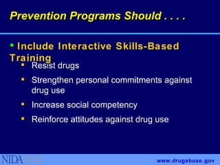 Resist drugs Strengthen personal commitments against drug use Increase social competency Reinforce attitudes against drug use Prevention Programs Should . . . . www.drugabuse.gov Include Interactive Skills-Based Training 