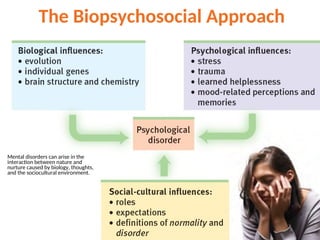 Mental disorders can arise in the
interaction between nature and
nurture caused by biology, thoughts,
and the sociocultural environment.
The Biopsychosocial Approach
 