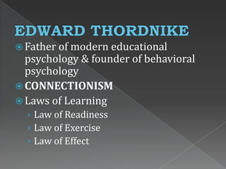  Father of modern educational
psychology & founder of behavioral
psychology
 CONNECTIONISM
 Laws of Learning
› Law of Readiness
› Law of Exercise
› Law of Effect
 