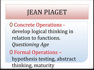JEAN PIAGET
0 Concrete Operations -
develop logical thinking in
relation to functions.
Questioning Age
0 Formal Operations...