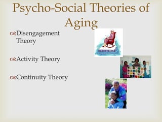 Psycho-Social Theories of
        Aging
Disengagement
 Theory

Activity Theory

Continuity Theory
 