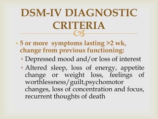 DSM-IV DIAGNOSTIC
      CRITERIA
                    
• 5 or more symptoms lasting >2 wk,
  change from previous functioning:
  ▫ Depressed mood and/or loss of interest
  ▫ Altered sleep, loss of energy, appetite
    change or weight loss, feelings of
    worthlessness/guilt,psychomotor
    changes, loss of concentration and focus,
    recurrent thoughts of death
 