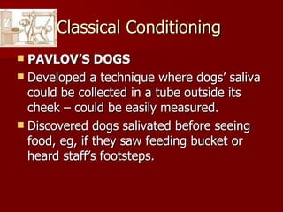Classical Conditioning  PAVLOV’S DOGS Developed a technique where dogs’ saliva could be collected in a tube outside its cheek – could be easily measured. Discovered dogs salivated before seeing food, eg, if they saw feeding bucket or heard staff’s footsteps. 