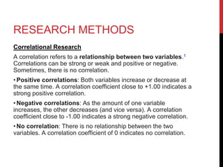 RESEARCH METHODS
Correlational Research
A correlation refers to a relationship between two variables.1
Correlations can be strong or weak and positive or negative.
Sometimes, there is no correlation.
•Positive correlations: Both variables increase or decrease at
the same time. A correlation coefficient close to +1.00 indicates a
strong positive correlation.
•Negative correlations: As the amount of one variable
increases, the other decreases (and vice versa). A correlation
coefficient close to -1.00 indicates a strong negative correlation.
•No correlation: There is no relationship between the two
variables. A correlation coefficient of 0 indicates no correlation.
 