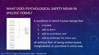 WHAT DOES PSYCHOLOGICAL SAFETY MEAN IN
SPECIFIC TERMS?
A condition in which human beings feel
1. included,
2. safe to learn,
3. safe to contribute, and
4. safe to challenge the status quo
all without fear of being embarrassed,
marginalized, or punished in some way.
From: The Four Stages of Psychological Safety - Timothy Clark
 