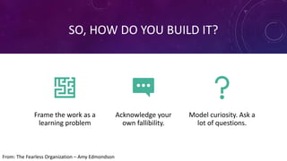 SO, HOW DO YOU BUILD IT?
Frame the work as a
learning problem
Acknowledge your
own fallibility.
Model curiosity. Ask a
lot of questions.
From: The Fearless Organization – Amy Edmondson
 