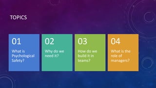 TOPICS
What is
Psychological
Safety?
01
Why do we
need it?
02
How do we
build it in
teams?
03
What is the
role of
managers?
04
 
