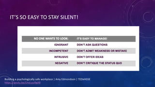 IT’S SO EASY TO STAY SILENT!
Building a psychologically safe workplace | Amy Edmondson | TEDxHGSE
https://youtu.be/LhoLuui9gX8
 