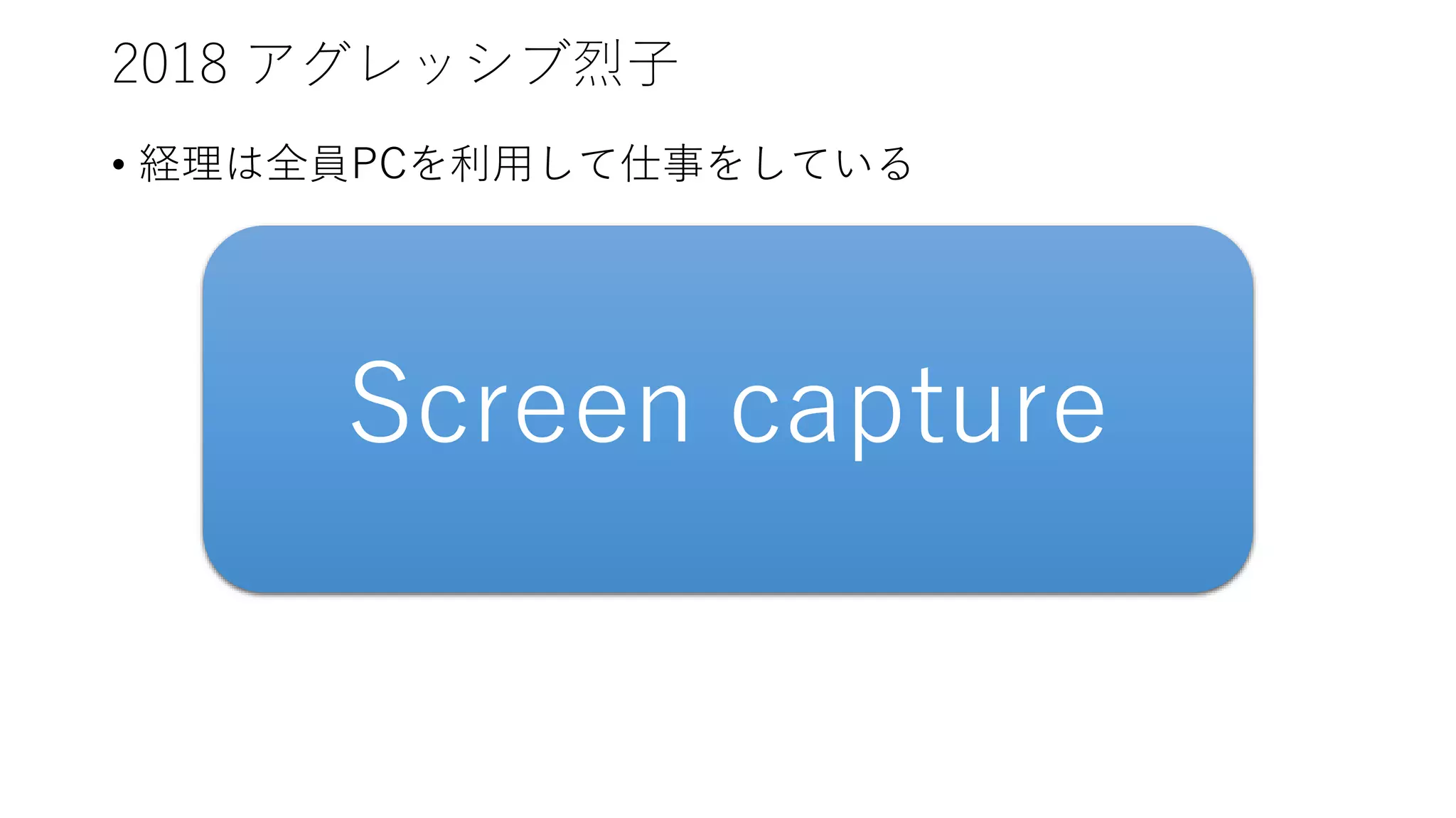 2018 アグレッシブ烈子
• 経理は全員PCを利用して仕事をしている
Screen capture
 