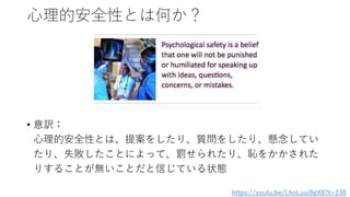 心理的安全性とは何か？
• 意訳：
心理的安全性とは、提案をしたり、質問をしたり、懸念してい
たり、失敗したことによって、罰せられたり、恥をかかされた
りすることが無いことだと信じている状態
https://youtu.be/LhoLuui9gX8?t=230
 