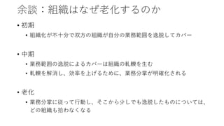 余談：組織はなぜ老化するのか
• 初期
• 組織化が不十分で双方の組織が自分の業務範囲を逸脱してカバー
• 中期
• 業務範囲の逸脱によるカバーは組織の軋轢を生む
• 軋轢を解消し、効率を上げるために、業務分掌が明確化される
• 老化
• 業務分掌に従って行動し、そこから少しでも逸脱したものについては、
どの組織も拾わなくなる
 