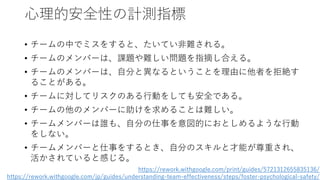 心理的安全性の計測指標
• チームの中でミスをすると、たいてい非難される。
• チームのメンバーは、課題や難しい問題を指摘し合える。
• チームのメンバーは、自分と異なるということを理由に他者を拒絶す
ることがある。
• チームに対してリスクのある行動をしても安全である。
• チームの他のメンバーに助けを求めることは難しい。
• チームメンバーは誰も、自分の仕事を意図的におとしめるような行動
をしない。
• チームメンバーと仕事をするとき、自分のスキルと才能が尊重され、
活かされていると感じる。
https://rework.withgoogle.com/print/guides/5721312655835136/
https://rework.withgoogle.com/jp/guides/understanding-team-effectiveness/steps/foster-psychological-safety/
 