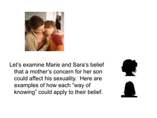 Let’s examine Marie and Sara’s belief
 that a mother’s concern for her son
 could affect his sexuality. Here are
 examples of how each “way of
 knowing” could apply to their belief.
 