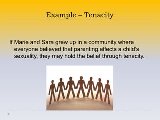 Example – Tenacity


If Marie and Sara grew up in a community where
   everyone believed that parenting affects a child’s
   sexuality, they may hold the belief through tenacity.
 