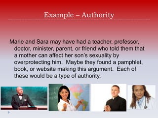 Example – Authority


Marie and Sara may have had a teacher, professor,
 doctor, minister, parent, or friend who told them that
 a mother can affect her son’s sexuality by
 overprotecting him. Maybe they found a pamphlet,
 book, or website making this argument. Each of
 these would be a type of authority.
 