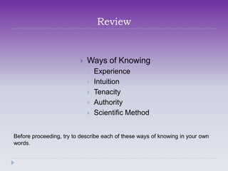 Review


                            Ways of Knowing
                                Experience
                                Intuition
                                Tenacity
                                Authority
                                Scientific Method


Before proceeding, try to describe each of these ways of knowing in your own
words.
 