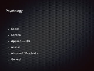 Psychology
Social
Criminal
Applied…..OB
Animal
Abnormal / Psychiatric
General
 