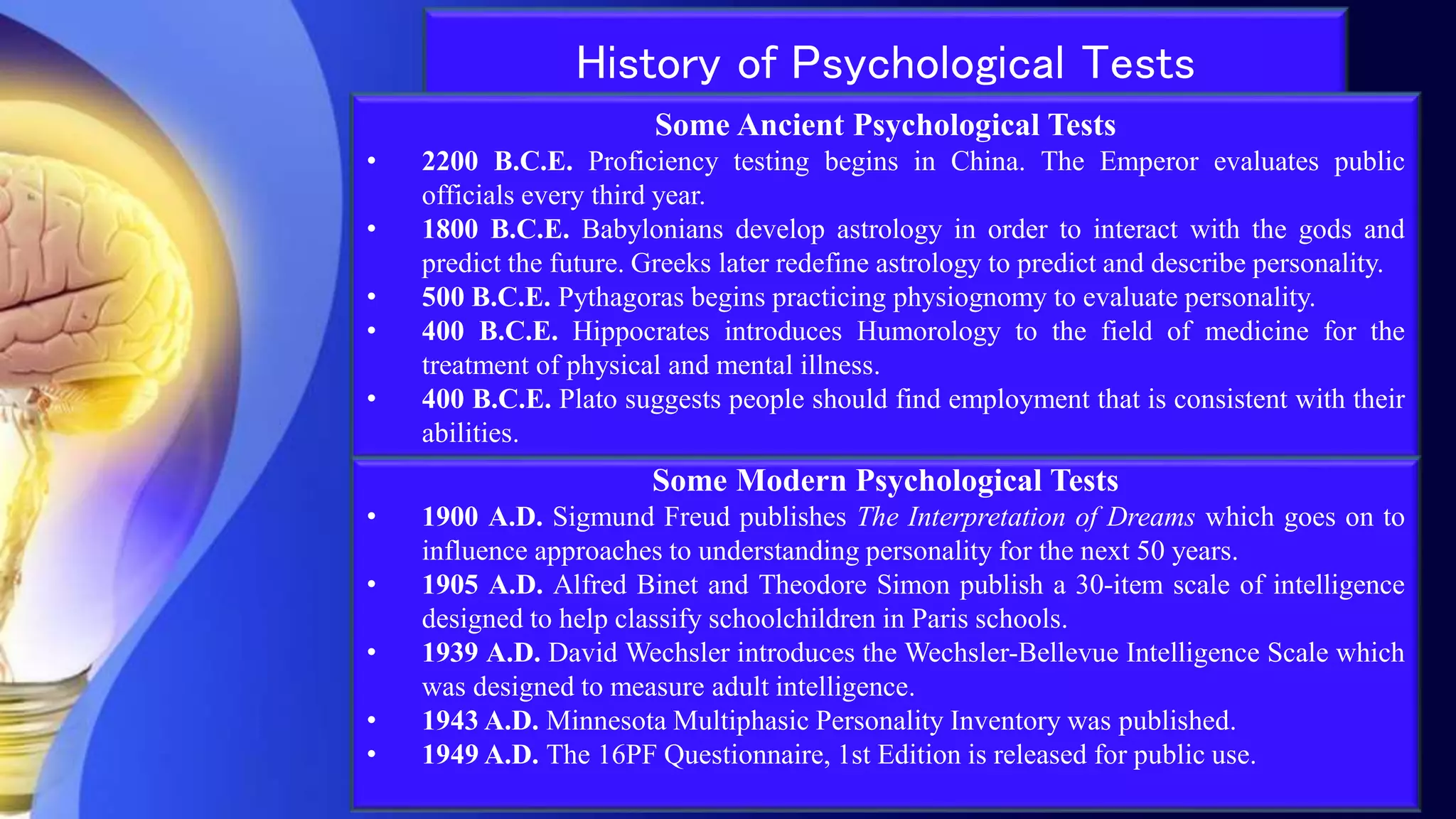 History of Psychological Tests
Some Ancient Psychological Tests
• 2200 B.C.E. Proficiency testing begins in China. The Emperor evaluates public
officials every third year.
• 1800 B.C.E. Babylonians develop astrology in order to interact with the gods and
predict the future. Greeks later redefine astrology to predict and describe personality.
• 500 B.C.E. Pythagoras begins practicing physiognomy to evaluate personality.
• 400 B.C.E. Hippocrates introduces Humorology to the field of medicine for the
treatment of physical and mental illness.
• 400 B.C.E. Plato suggests people should find employment that is consistent with their
abilities.
Some Modern Psychological Tests
• 1900 A.D. Sigmund Freud publishes The Interpretation of Dreams which goes on to
influence approaches to understanding personality for the next 50 years.
• 1905 A.D. Alfred Binet and Theodore Simon publish a 30-item scale of intelligence
designed to help classify schoolchildren in Paris schools.
• 1939 A.D. David Wechsler introduces the Wechsler-Bellevue Intelligence Scale which
was designed to measure adult intelligence.
• 1943 A.D. Minnesota Multiphasic Personality Inventory was published.
• 1949 A.D. The 16PF Questionnaire, 1st Edition is released for public use.
 