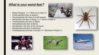 What is your worst fear?
• Sleep Paralysis. >>>> Both of our fears 
• Arachnophobia (fear of spiders)
• Claustrophobia (the fear of small spaces)
• Aerophobia (the fear of flying) >>>> Sara’s Phobia 
• Thanatophobia (the fear of death)
• Hemophobia (the fear of blood)
• Xenophobia ( the fear of the unknown)
• Nyctophobia (the fear of darkness)
• Anatidaephobia (the fear of ducks) >>> Monisha’s Phobia! 
 
