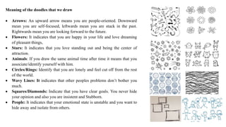 Meaning of the doodles that we draw
 Arrows: An upward arrow means you are people-oriented. Downward
mean you are self-focused, leftwards mean you are stuck in the past.
Rightwards mean you are looking forward to the future.
 Flowers: It indicates that you are happy in your life and love dreaming
of pleasant things,
 Stars: It indicates that you love standing out and being the center of
attraction.
 Animals: If you draw the same animal time after time it means that you
associate/identify yourself with him.
 Circles/Rings: Identify that you are lonely and feel cut off from the rest
of the world.
 Wavy Lines: It indicates that other peoples problems don’t bother you
much.
 Squares/Diamonds: Indicate that you have clear goals. You never hide
your opinion and also you are insistent and Stubborn.
 People: It indicates that your emotional state is unstable and you want to
hide away and isolate from others.
 