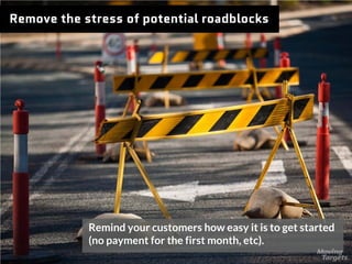 Remove the stress of potential roadblocks
Remind your customers how easy it is to get started (no
payment for the first mo...