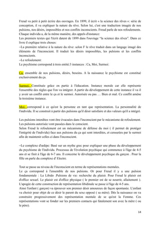 Freud va petit à petit écrire des ouvrages. En 1899, il écrit « la science des rêves »: série de
conception, il va expliquer la nature du rêve. Selon lui, c'est une traduction imagée de nos
pulsions, nos désirs, impossibles et nos conflits inconscients. Freud parle de nos refoulements.
Chaque individu a, de la même manière, des appels d'instance:
Les premiers textes qui l'écrit datent de 1899 dans l'ouvrage “la science des rêves”. Dans ce
livre il explique trois choses:
−La première relative à la nature du rêve: selon F le rêve traduit dans un langage imagé des
éléments de l'inconscient. Il traduit les désirs impossibles, les pulsions et les conflits
inconscients.
−Le refoulement:
Le psychisme correspond à trois entité:3 instances : Ca, Moi, Surmoi:

Ca: ensemble de nos pulsions, désirs, besoins. A la naissance le psychisme est constitué
exclusivement du ça.

Surmoi: Constituée grâce en partie à l'éducation. Instance morale car elle représente
l'ensemble des règles que l'on va intégrer. A partir du développement de cette instance il va il
y avoir un conflit entre le ça et le surmoi. Autorisée ou pas … Bien et mal. Ce conflit amène
la troisième instance.

Moi: correspond à ce qu'est la personne en tant que représentation. La personnalité de
l'individu. Il se construit à partir des pulsions qu'il désir satisfaire et des valeurs qu'il a intégré.

Les pulsions interdites vont être évacuées dans l'inconscient par le mécanisme de refoulement.
Les pulsions autorisée vont passées dans le conscient.
Selon Freud le refoulement est un mécanisme de défense du moi ( il permet de protéger
l'intégrité de l'individu) face aux pulsions du ça qui sont interdites, et censurées par le surmoi
afin de maintenir celles ci dans l'inconscient.

−Le complexe d'œdipe: Basé sur un mythe grec pour expliquer une phase du développement
du psychisme de l'individu. Processus de l'évolution psychique qui commence à l'âge de 4-5
ans et se finit à l'âge de 6-7 ans. Il concerne le développement psychique du garçon . Pour la
fille on parle du complexe d' Electre.

Tout se passe au niveau de l'inconscient en terme de représentations mentales.
Le ça correspond à l'ensemble de nos pulsions. Or pour Freud il y a une pulsion
fondamentale : La Libido .Pulsions de vie: recherche du plaisir. Pour Freud le plaisir est
d'office sexuel. Le plaisir est d'office physique ( le premier est de se nourrir, allaitement ).
L'apogée de cette construction de représentation libidinale se passe à l'âge de 4-5 ans.
Ainsi l'enfant ( garçon) va éprouver son premier désir amoureux de façon spontanée. L'enfant
va choisir pour objet de ce désir le parent du sexe opposé ( sa mère). Dès la naissance on va
construire progressivement des représentation mentale de se qu'est la Femme. Ces
représentations vont se fonder sur les premiers contacts qui fatalement son avec la mère ( ou
le père).

                                                                                                     14
 