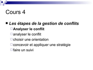 Cours 4
   Les étapes de la gestion de conflits
     Analyser   le conflit
     analyser le conflit
     choisir une o...