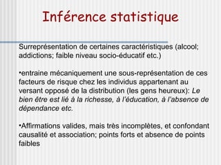 Inférence statistique 
Surreprésentation de certaines caractéristiques (alcool; 
addictions; faible niveau socio-éducatif etc.) 
•entraine mécaniquement une sous-représentation de ces 
facteurs de risque chez les individus appartenant au 
versant opposé de la distribution (les gens heureux): Le 
bien être est lié à la richesse, à l’éducation, à l’absence de 
dépendance etc. 
•Affirmations valides, mais très incomplètes, et confondant 
causalité et association; points forts et absence de points 
faibles 
 