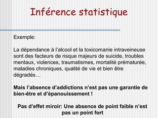 Inférence statistique 
Exemple: 
La dépendance à l’alcool et la toxicomanie intraveineuse 
sont des facteurs de risque majeurs de suicide, troubles 
mentaux, violences, traumatismes, mortalité prématurée, 
maladies chroniques, qualité de vie et bien être 
dégradés… 
Mais l’absence d’addictions n’est pas une garantie de 
bien-être et d’épanouissement ! 
Pas d’effet miroir: Une absence de point faible n’est 
pas un point fort 
 