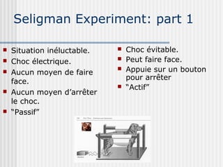 Seligman Experiment: part 1 
 Choc évitable. 
 Peut faire face. 
 Appuie sur un bouton 
pour arrêter 
 “Actif” 
 Situation inéluctable. 
 Choc électrique. 
 Aucun moyen de faire 
face. 
 Aucun moyen d’arrêter 
le choc. 
 “Passif” 
 
