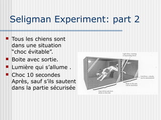 Seligman Experiment: part 2 
 Tous les chiens sont 
dans une situation 
“choc évitable”. 
 Boite avec sortie. 
 Lumière qui s’allume . 
 Choc 10 secondes 
Après, sauf s’ils sautent 
dans la partie sécurisée 
 