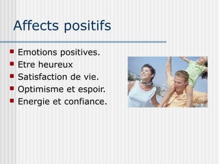 Affects positifs 
 Emotions positives. 
 Etre heureux 
 Satisfaction de vie. 
 Optimisme et espoir. 
 Energie et confiance. 
 