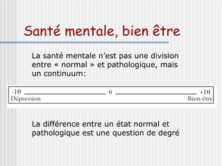 Santé mentale, bien être 
La santé mentale n’est pas une division 
entre « normal » et pathologique, mais 
un continuum: 
La différence entre un état normal et 
pathologique est une question de degré 
 