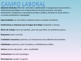 Opciones laborales:  Director, consultor o colaborador en programas de prevención y tratamiento psicológico o en el desarrollo de recursos humanos, Consultor empresarial, Terapeuta en consultorio privado o público, Docente en áreas afines a su campo profesional, Investigador. Oportunidades:  en una clínica, hospital o poner tu propio consultorio. Instituciones o empresas que te hagan de trabajo:  hospitales y clinicas. Ritmo de trabajo:  no es tan pesado , pero hay que lidiar con problemas ajenos. Requisitos:  buen currículo. Cualidades necesarias:  paciencia, no involucrarse con problemas de pacientes. Habilidades:  paciencia, amor al prójimo, y habilidad para hablar. Valores:  buena educación,  amor, amabilidad. Limitaciones:  los otros psicólogos. Recompensas:  ayudar a la gente. 