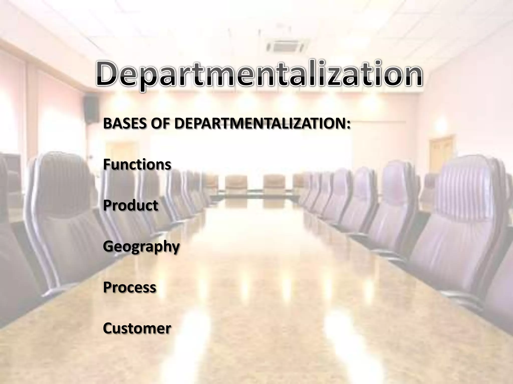 DepartmentalizationBASES OF DEPARTMENTALIZATION:FunctionsProductGeographyProcessCustomer