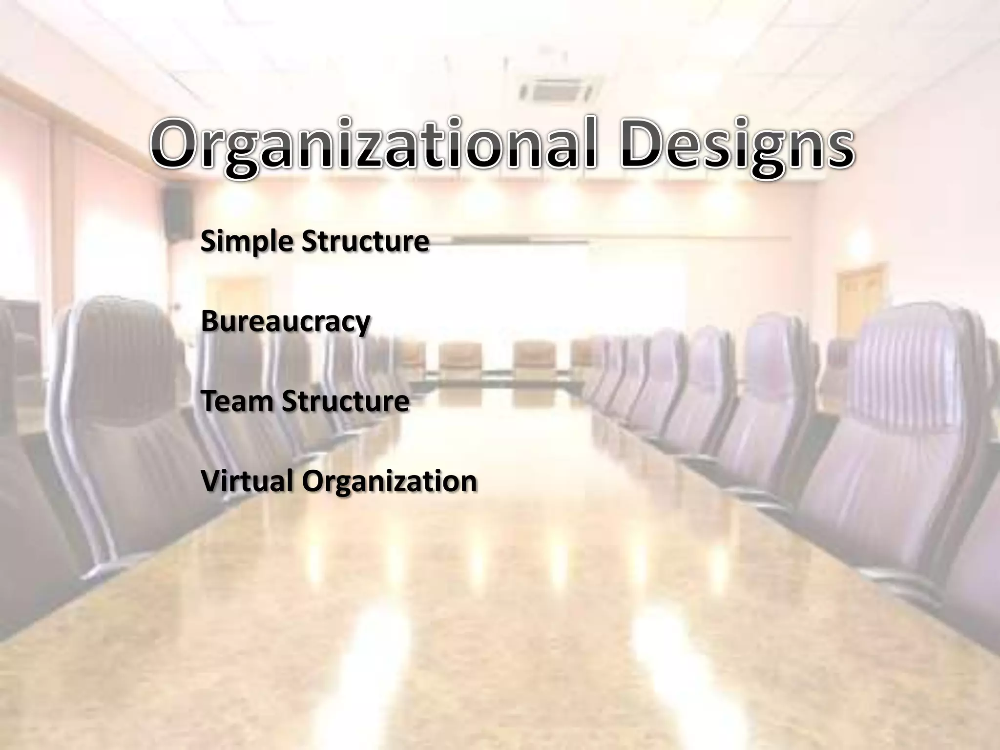 Organizational DesignsSimple StructureBureaucracy Team StructureVirtual Organization