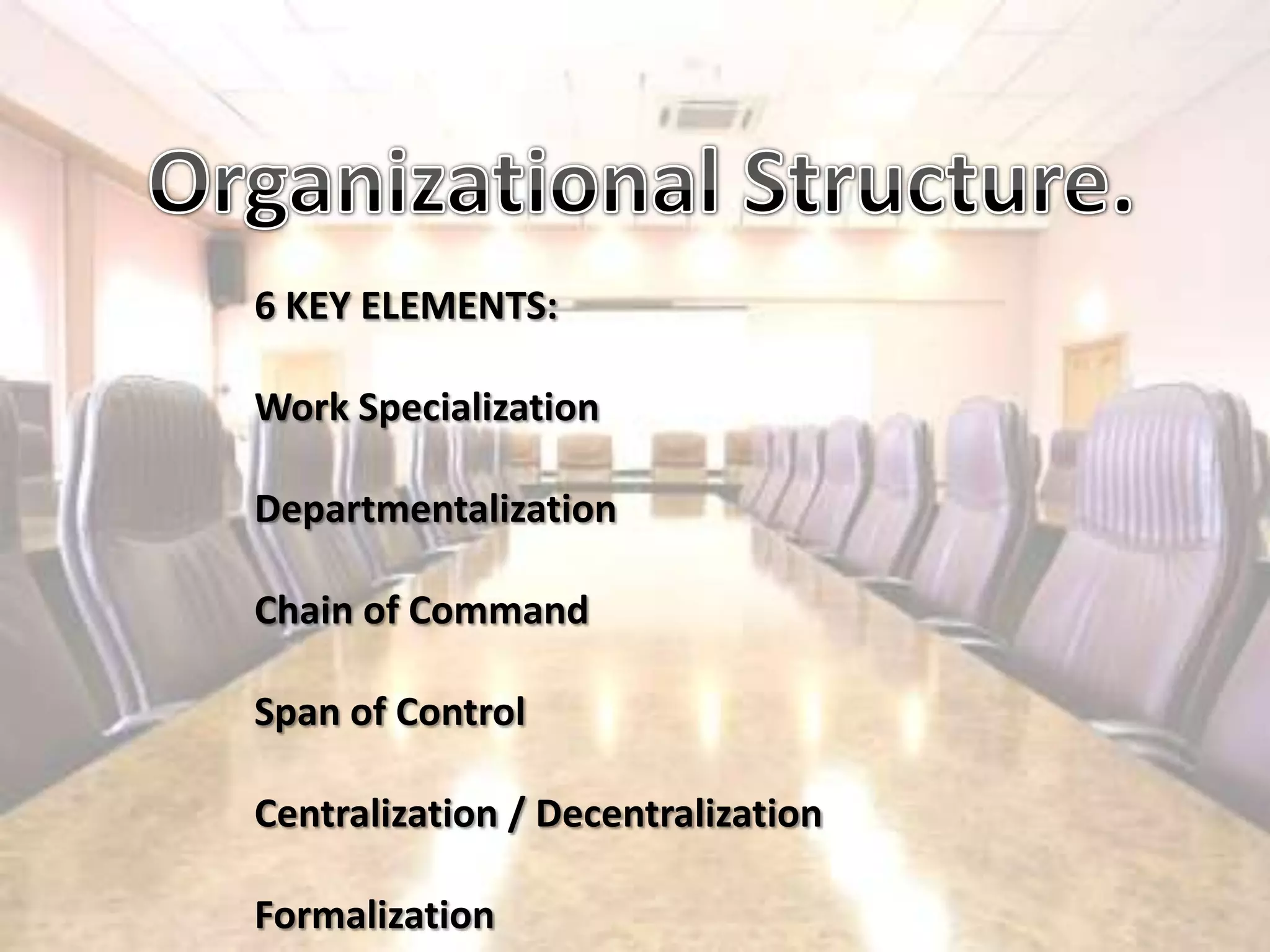 Organizational Structure.6 KEY ELEMENTS:Work SpecializationDepartmentalizationChain of CommandSpan of ControlCentralization / DecentralizationFormalization