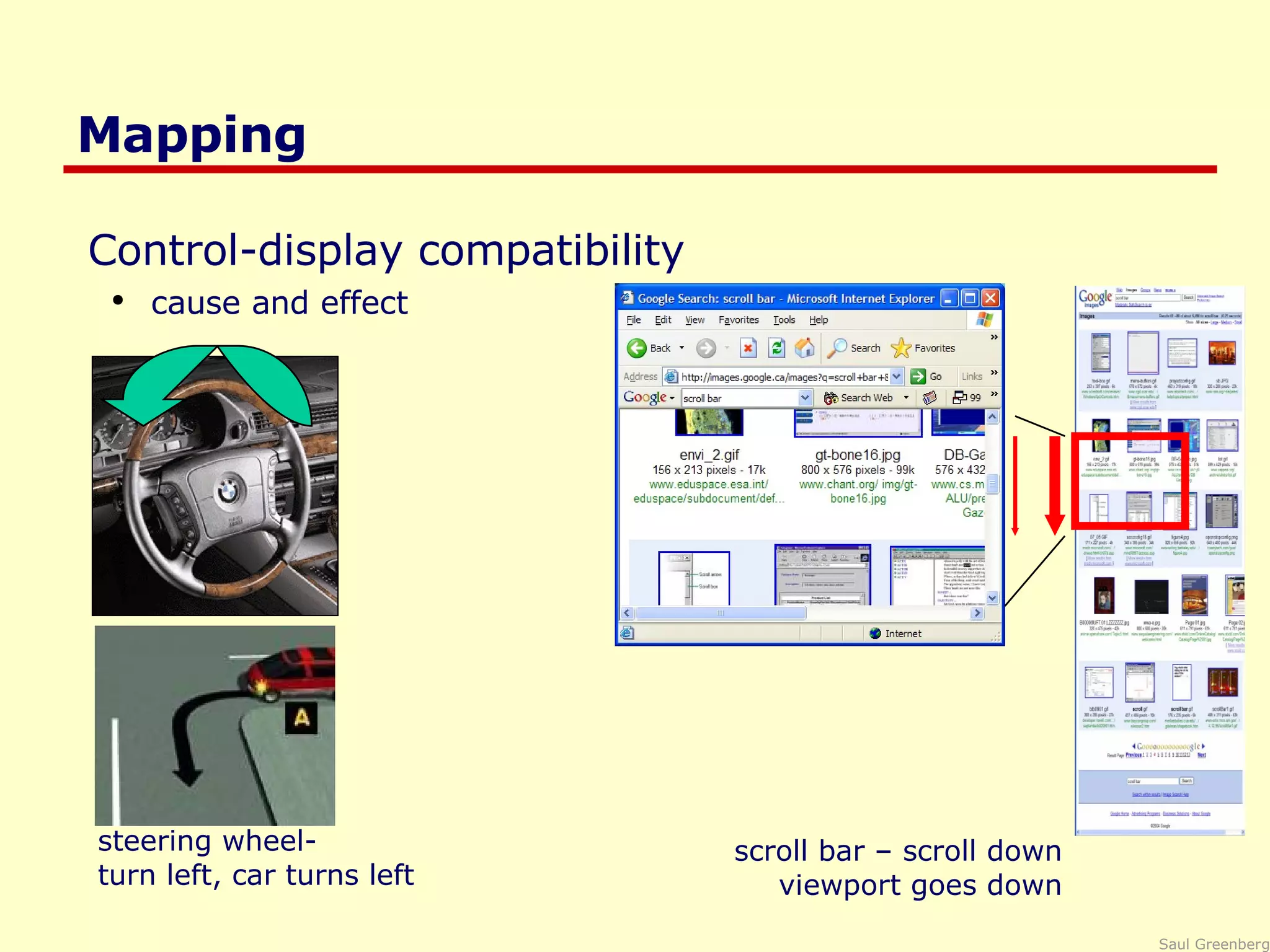 Mapping Control-display compatibility cause and effect  steering wheel- turn left, car turns left scroll bar – scroll down viewport goes down 