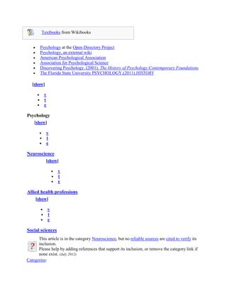 Textbooks from Wikibooks
Psychology at the Open Directory Project
Psychology, an external wiki
American Psychological Association
Association for Psychological Science
Discovering Psychology. (2001). The History of Psychology:Contemporary Foundations
The Florida State University PSYCHOLOGY.(2011).HISTORY
[show]
v
t
e
Psychology
[show]
v
t
e
Neuroscience
[show]
v
t
e
Allied health professions
[show]
v
t
e
Social sciences
This article is in the category Neuroscience, but no reliable sources are cited to verify its
inclusion.
Please help by adding references that support its inclusion, or remove the category link if
none exist. (July 2012)
Categories:
 