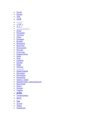 Novial
Occitan
‫ی‬ ‫نجاب‬ ‫پ‬
‫تو‬ ‫ښ‬ ‫پ‬
Picard
Piemontèis
Tok Pisin
Polski
Português
Română
Rumantsch
Runa Simi
Русиньскый
Русский
Саха тыла
Gagana Samoa
Sardu
Scots
Seeltersk
Sesotho
Shqip
Sicilianu
Simple English
Slovenčina
Slovenščina
Soomaaliga
Српски / srpski
Srpskohrvatski / српскохрватски
Basa Sunda
Suomi
Svenska
Tagalog
Татарча/tatarça
Тоҷикӣ
Türkçe
Українська
 