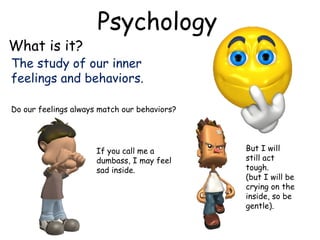 What is it?

Psychology

The study of our inner
feelings and behaviors.
Do our feelings always match our behaviors?

If you call me a
dumbass, I may feel
sad inside.

But I will
still act
tough.
(but I will be
crying on the
inside, so be
gentle).

 