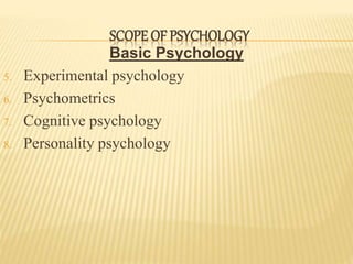 Basic Psychology
5. Experimental psychology
6. Psychometrics
7. Cognitive psychology
8. Personality psychology
SCOPE OF PSYCHOLOGY
 