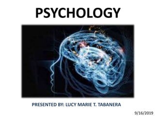 9/16/2019
PSYCHOLOGY
PRESENTED BY: LUCY MARIE T. TABANERA
 