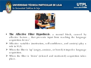 The Affective Filter Hypothesis : a mental block, caused by affective factors… that prevents input from reaching the language acquisition device’. Affective variables (motivation, self-confidence, and anxiety) play a role in SLA. When the filter is ‘up’ (angry, anxious, or bored) it impedes language acquisition. When the filter is ‘down’ (relaxed and motivated) acquisition takes place. 