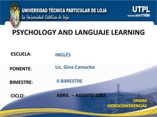 ESCUELA : PONENTE : BIMESTRE : PSYCHOLOGY AND LANGUAJE LEARNING CICLO : INGLÉS II BIMESTRE Lic. Gina Camacho ABRIL  – AGOSTO 2007 