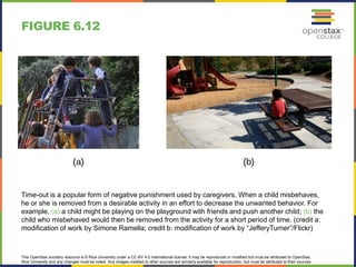 This OpenStax ancillary resource is © Rice University under a CC-BY 4.0 International license; it may be reproduced or modified but must be attributed to OpenStax,
Rice University and any changes must be noted. Any images credited to other sources are similarly available for reproduction, but must be attributed to their sources.
Time-out is a popular form of negative punishment used by caregivers. When a child misbehaves,
he or she is removed from a desirable activity in an effort to decrease the unwanted behavior. For
example, (a) a child might be playing on the playground with friends and push another child; (b) the
child who misbehaved would then be removed from the activity for a short period of time. (credit a:
modification of work by Simone Ramella; credit b: modification of work by “JefferyTurner”/Flickr)
FIGURE 6.12
 